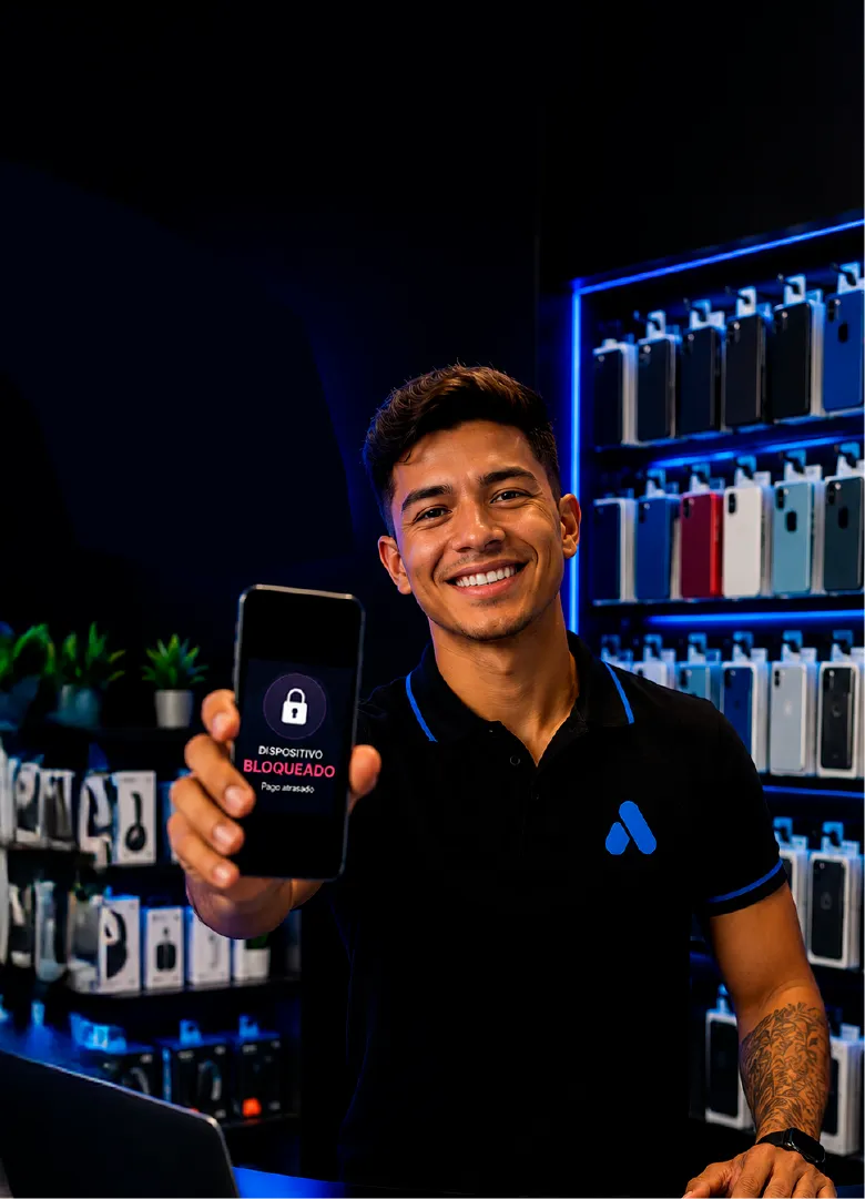 Comerciante en su local mostrando un celular con el aviso de dispositivo bloqueado por pago atrasado